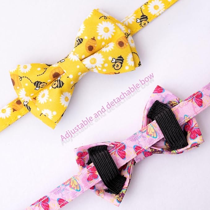 Faygarsle 2 Pack Breakaway Bowtie Cat Collar with Bell for Male Female Cats Soft Fancy Yellow Pink Bee Butterflies Pattern Spring Summer for Boy Girl Cats