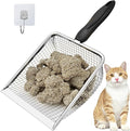 Widened Metal Cat Litter Scoop, Cat Scooper for Litter Box, Stainless Steel Pellet Kitty Litter Scoop, Cat Litter Scooper with Sticky Hang Hook for Easy Storage, Quickly Filter Litter Lumps(6mm Mesh)