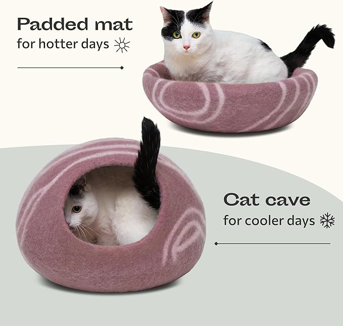 MEOWFIA Cat Cave – Premium Felt Cat Bed for Indoor Cats, Handmade Merino Wool (Gold Rose, Medium)