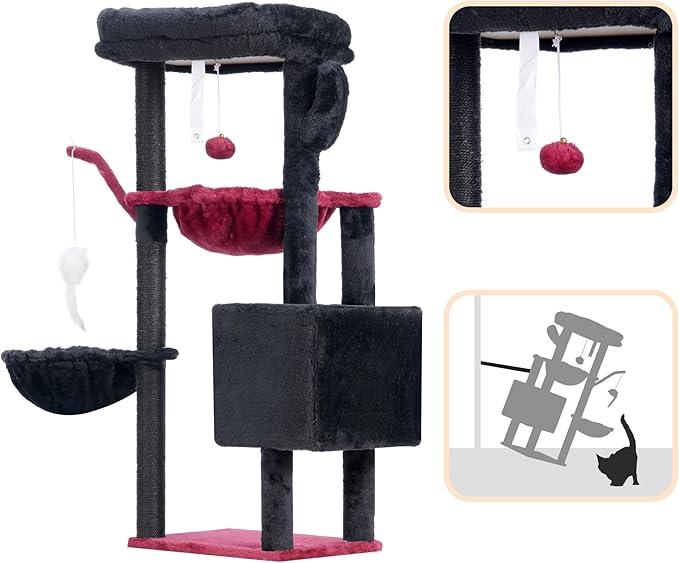 Heybly Cat Tree, 39.4 Inches Gothic Tower Condo with Scratching Post, Cat Tower for Indoor Cats, Fully Wrapped Sisal Pole, Soft Platform, 2 Baskets and Dangling Toy, Black and Red HCT006SBR