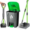 MXF Pooper Scooper Set - 28" Dog Pooper Scooper & Long Handle Stainless Metal Tray&Rake, 15 Litre Step Dog Poop Trash Can w/Removable Inner Bucket, 20 Waste Bags for Outdoors