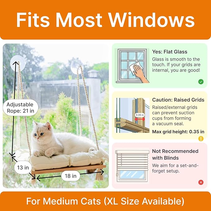 Cat Hammock with Industrial-Grade Suction Cups - Solid Pine Wood Seat, Soft Cushion - 42 lb Capacity