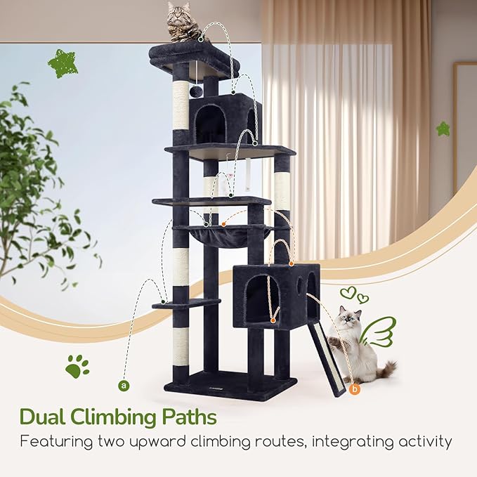 Globlazer Heavy Duty Cat Tree, 70 inch Sturdy Cat Tree for Indoor Cats Extra Large Cat Tower with Scratching Post, Hammock, Cat Condo for Adult Cats Kittens, F70 Pro, Dark Grey