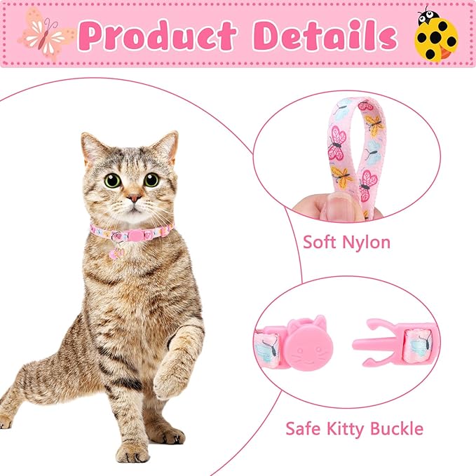 Breakaway Cat Collars with Bell & Cute Pendants, 3 Pack Safety Buckle Kitten Collars, Adjustable Pet Collar Ideal for Girl Boy Cats Puppy (Style A - Insect)