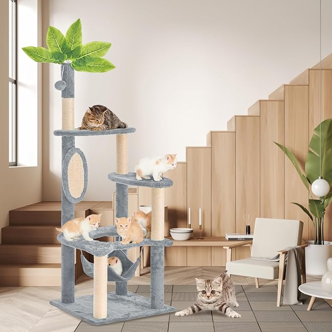 Cat Tree for Indoor Cats, 55 Inch Cat Tower with Rotating Scratching Board, 4 Sisal Posts & Leaf Top Design, Modern Cat Furniture for Multiple Cats (No House), Grey