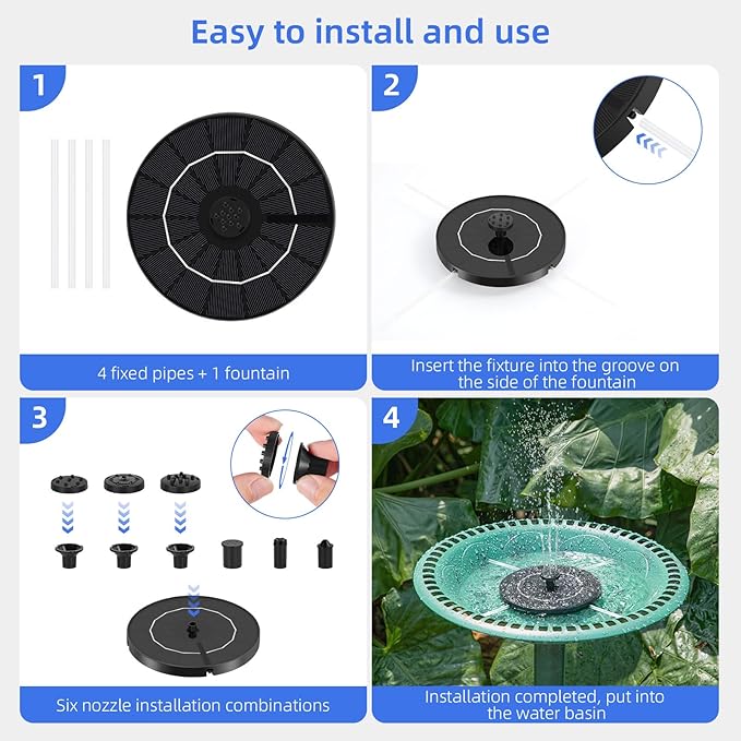 Solar Fountain for Bird Bath, Solar Water Fountain with Multiple Nozzles & Fixed Pipes, Upgraded Version 3.5W Solar Water Pump, Suitable for Bird Bath, Garden, Courtyard, Fish Tank, Outdoor