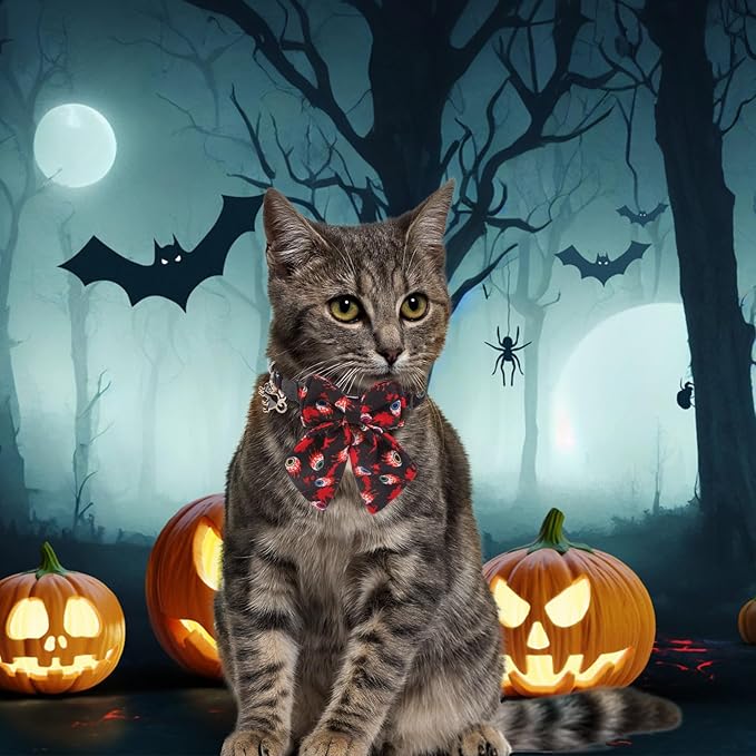 SCENEREAL Halloween Cat Collar with Bell & Stylish Bowtie, Bloody Pattern Breakaway Cat Collars Accessories for Boy Girl Small Cats, Holiday Fall Kitten Costumes for Female Male Pets