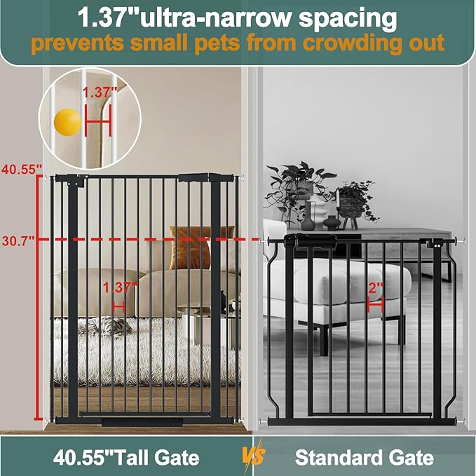 40.55" Tall, 34.05-45.86 Inch Wide, 1.37" Ultra Narrow Spacing Dog Pet Baby Gate Indoor for Doorway Hallway, Pressure Mounted 35 36 37 38 39 40 41 42 43 44 45 Inches Wide Black