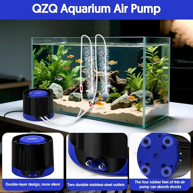 QZQ Aquarium Air Pump, Quiet Fish Tank Air Pump with Dual Outlets, 3W/5W Powerful Adjustable Oxygen Pump with Accessories, Aquarium Bubbler Aerator for Fish Tank Up to 80 Gallon (3W)