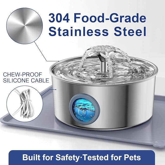 LucidShine 108oz/3.2L Stainless Steel Cat Water Fountain with 8 Replacement Filters（Up to 8-Month Supply）, Automatic Pet Drinking Fountain for Multi-Pet Households, Ultra Quiet Pump & Dishwasher Safe