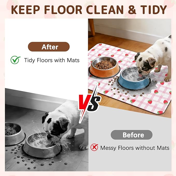 Dog Food Mat for Bowls, Absorbent Quick Dry Dog Cat Mats for Food and Water, Non-Slip Backing Pet Mat Pet Supplies - Strawberry Pattern