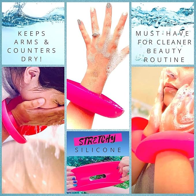 BaR-K Patented Drip Catcher Cuffs - Stops Soap & Water from Running Down Arms While Washing Face, Stay Dry and Clean - Face Wash Wristbands for Spa, Pink Set of 2