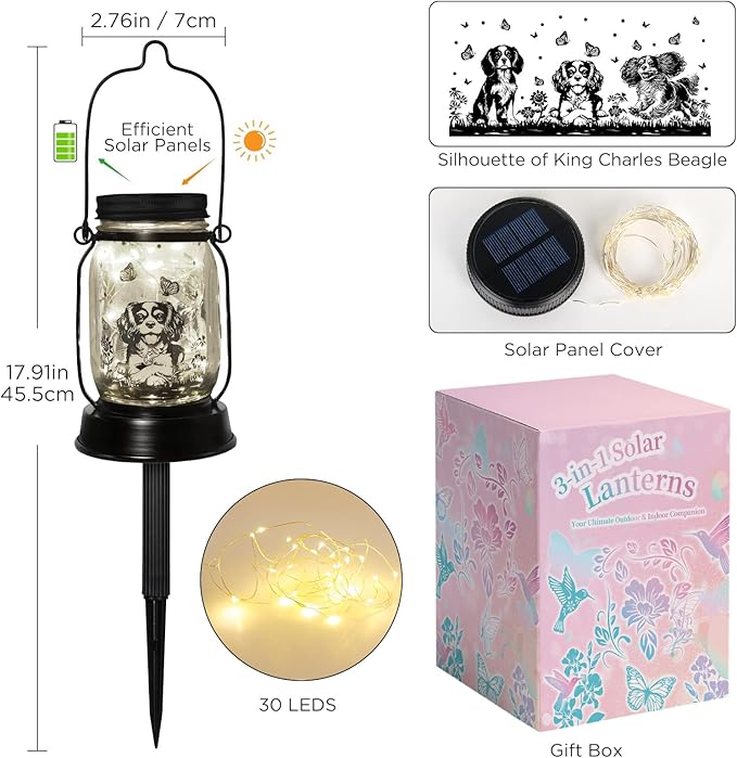 Cavalier King Charles Spaniel Gifts for Women/Men Cavalier Solar Lanterns Mom Birthday Dog Lovers Lantern Pet loss Dog Memorial Lights Solar Garden Decoration for Yard, Patio,Backyard,Porch Torches