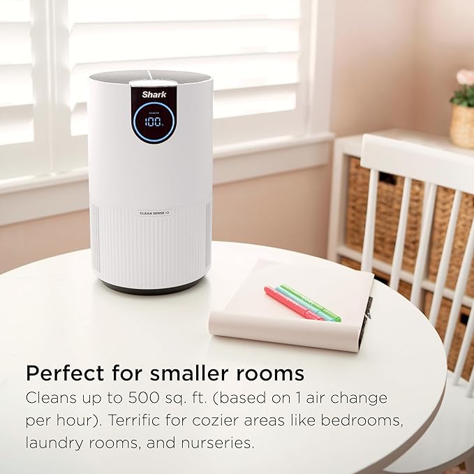 Shark HP132 Clean Sense Air Purifier with Odor Neutralizer Technology, HEPA Filter, 500 sq. ft., Small Room, Bedroom, Office, Captures 99.98% of Particles, Dust, Smoke & Allergens, Portable, White