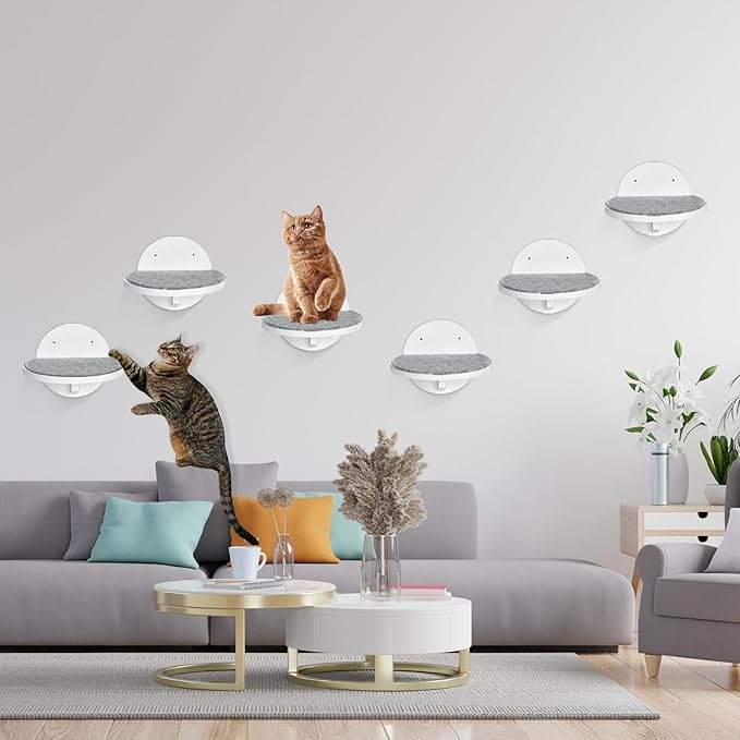 Cat Wall Shelves Furniture Set of 6, Wooden Cat Steps for with Scratching Pad, Sturdy Floating Climber Ladder Stairs, Cats Climbing Wall Systems for Cats Sleep Climb Play (White)