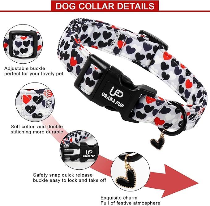 Valentine's Dog Collar, UP URARA PUP Love Heart Adjustable Pet Collar with Bowknot Charm, Daily Dog Accessories for Small Medium Large Dogs