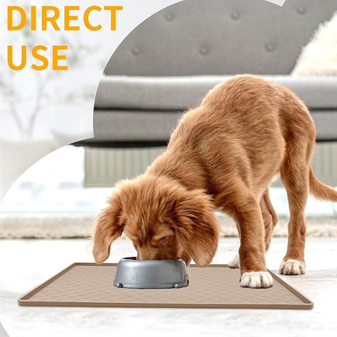 Ptlom Dog Food Mat Waterproof Pet Bowl Mats with High Lips, Non-Slip Dog Placemat Prevent Messy Spills to Floor, Silicone Puppy Feeding Tray for Small, Medium Large Dogs Cats, Taupe, 24.5" 16.5"