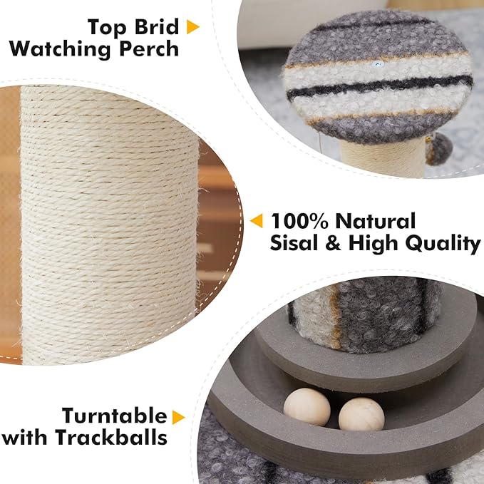 34inches Cat Scratching Post Sisal Cat Scratcher with Cat Ball Track Toy Heavy Duty and Thicker Large Diameter Natural for Adult Cats and Kitty Protect Your Furniture（Grey）