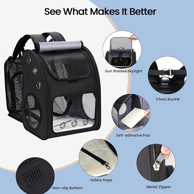 Cat Carrier Backpack, Expandable Pet Carrier Backpack for Cats, Dogs and Small Animals, Portable Pet Travel Backpack, Airline Approved, Ideal for Traveling/Hiking/Camping, Black, XL