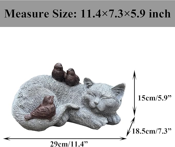 Cat Statue Outdoor Garden Decor - 11.4" Sparrows on Cat Figurine Memorial Grave Markers Garden Resin Sculpture for Outdoor Decoration, Pet Statues Gifts for Loss of Tabby Sympathy 11.4" x 7.1" x 4.6"
