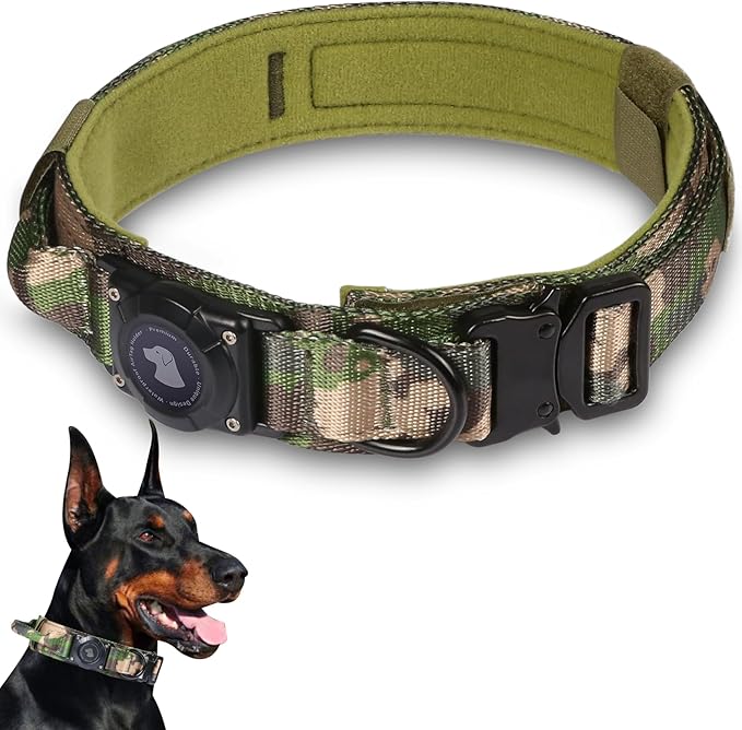 2026 Upgrade Waterproof AirTag Dog Collar, Military Tactical Dog Collar with AirTag Holder, Comfortable Control Handle and Metal Buckle, GPS Dog Collar Holder for Medium to Large Dogs (Camouflage,L)