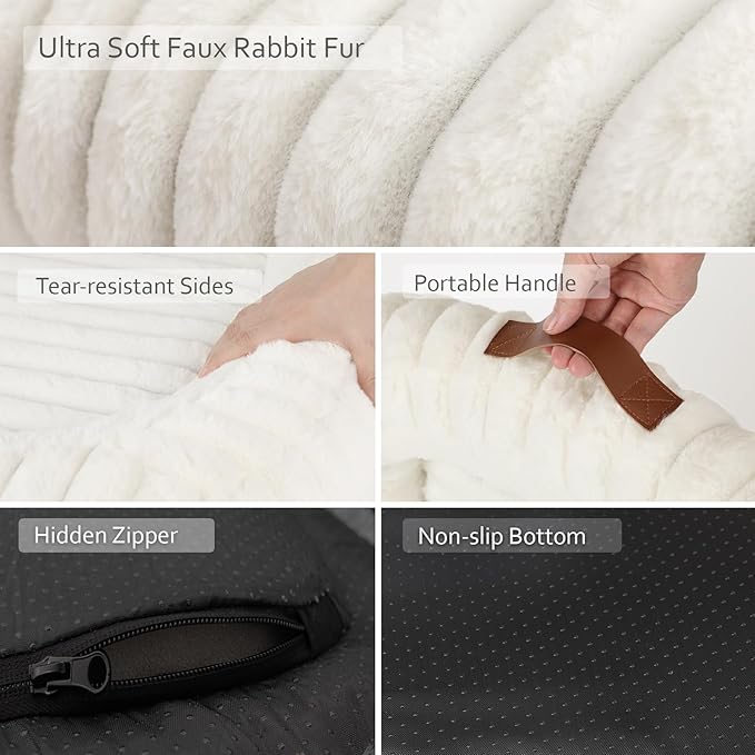 Dog Bed for Small & Medium Dogs – Calming Furry Puppy Bed with Washable Removable Cover, Anti-Slip Bottom & Orthopedic Support Foam, Rectangle Pet Cuddler for Indoor Cats/Dogs, 25"x21"x4", Cream
