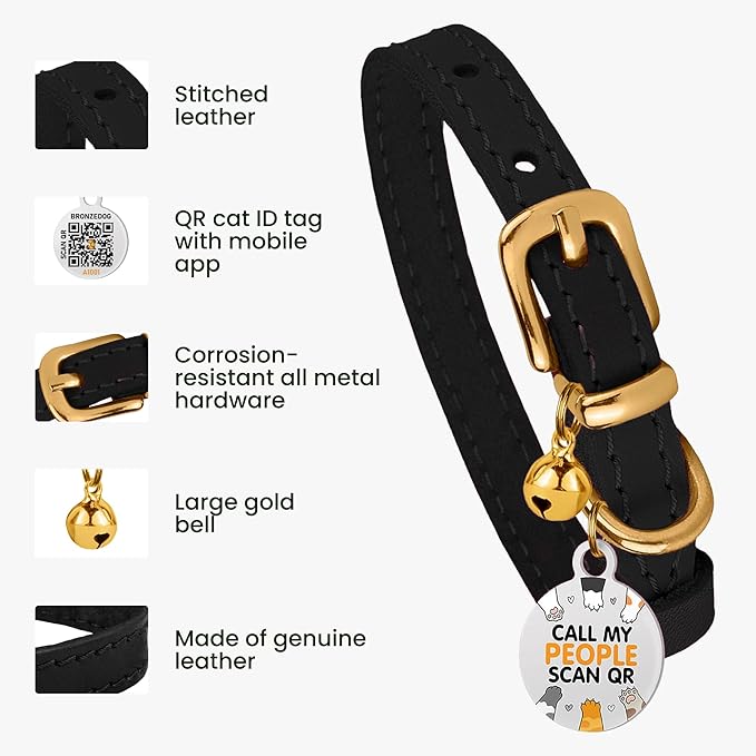 BRONZEDOG Leather Cat Collar with Removable Bells Non Breakaway Kitten QR Tag for Girl Boy (7" - 9" for Cats, Black & Gold) (Pack of 2)
