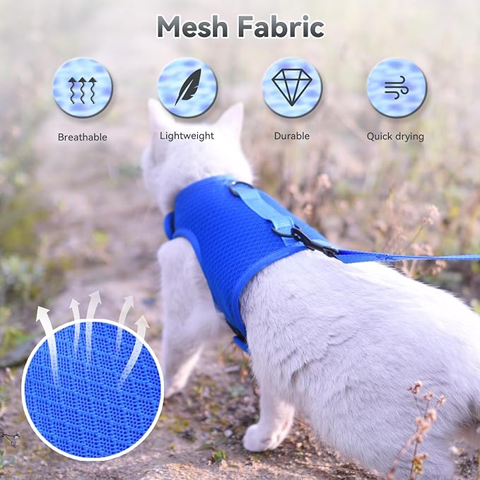 Cat Harness and Leash for Walking Escape Proof Breathable Mesh Fabric, Solid Blue, Large, Adjustable Cat Walking Jackets, Padded Stylish Cat Vest