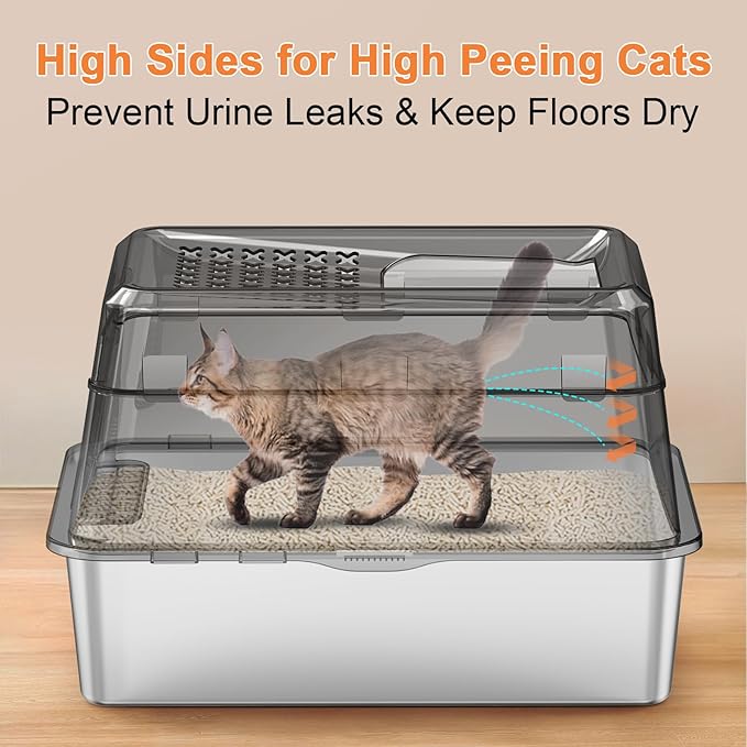 URPOWER Stainless Steel Cat Litter Box with Lid Extra Large Enclosed Litter Box for Cats Non-Sticky Metal Pan with High Sided Enclosure & Scoop, Front & Top Entry, Anti-Leakage, Easy Cleaning