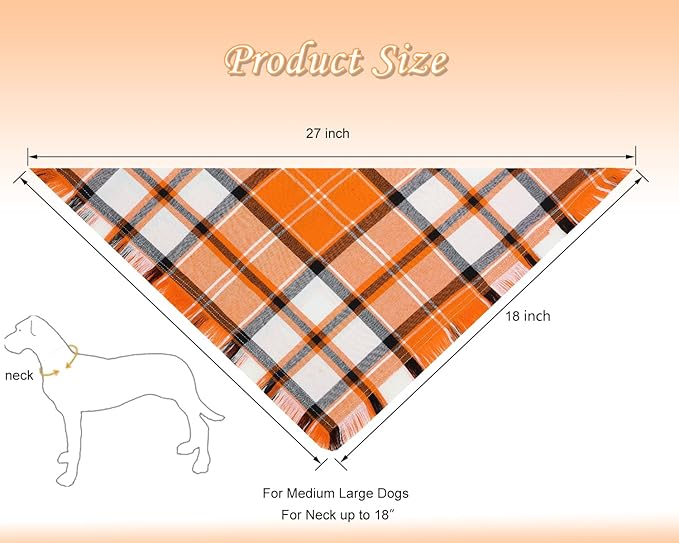 Fall Dog Bandanas,Autumn Halloween Orange Plaid Scarf,Triangle Holiday Thanksgiving Outfit for Boy and Girl Dogs,Pet Costumes for Medium to Large Dogs,2PCS Double-Sided Plaid Design with Tassels