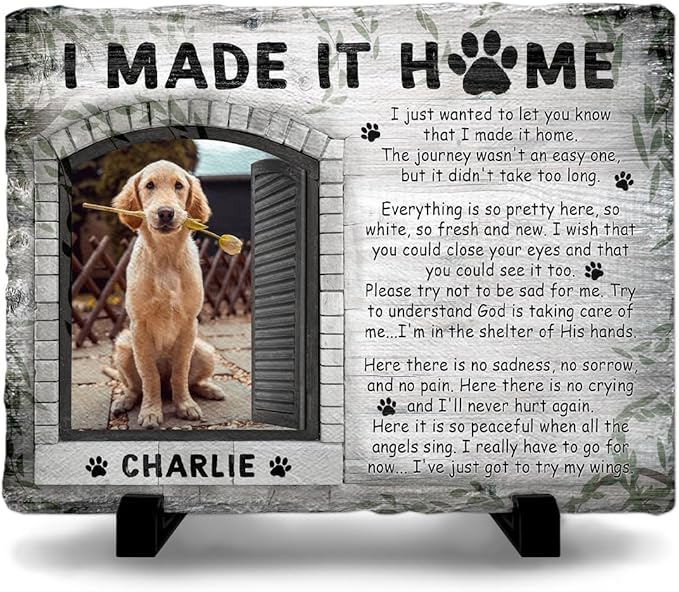 Personalized Polychromatic Rock Plaque: 'I Made It Home' - Memorial Stone Gifts for Loss of Your Beloved Pet, Sentimental Dog and Cat Grave Markers in Our Hearts, House Decoration