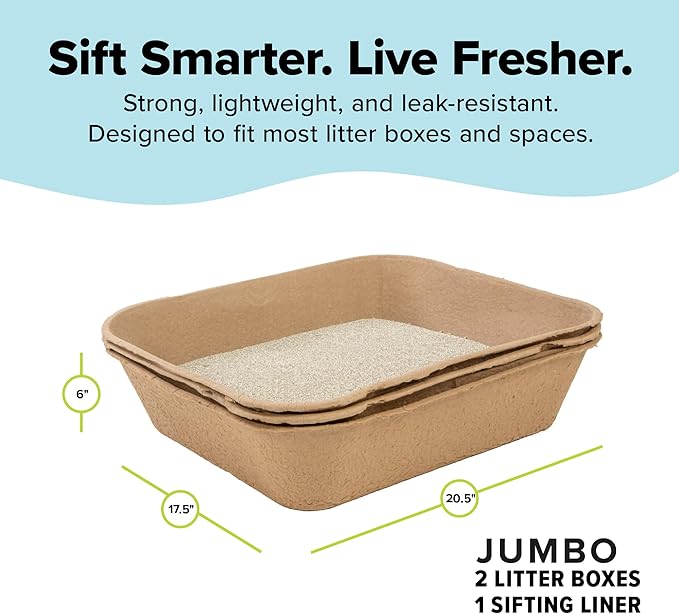 Kitty Sift (Set of 2 Litter Boxes & 1 Sifting Liner) Disposable Sifting Cat Litter Box Jumbo, 3 Count, Durable and Portable for Travel with Odor Control