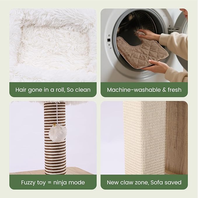 Cat Tree Tower, 41.7 in Wood Cat Condo with Sisal-Covered Scratching Posts and Plush Pom-pom, Multi-Level Climbing Cat Furniture with Jump Platform for Indoor Cats, Beige