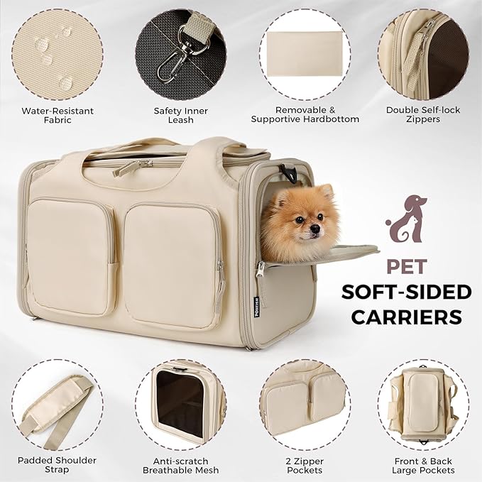 Dog, Cat Carrier for Pets Up to 15 Lbs, Airline Approved Collapsible Soft-Sided Pet Travel Bag with Locking Zippers, Breathable Mesh and 4 Large Pockets, Removable Fleece Pad (Beige)