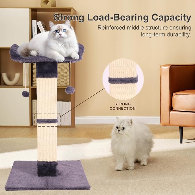 34" Cat Scratching Post for Indoor Cats, Sisal Cat Scratcher with Large Plush Perch, Vertical Posts with Elevated Bed and with Two Dangling Balls, Removable & Washable Cover, Dark Grey