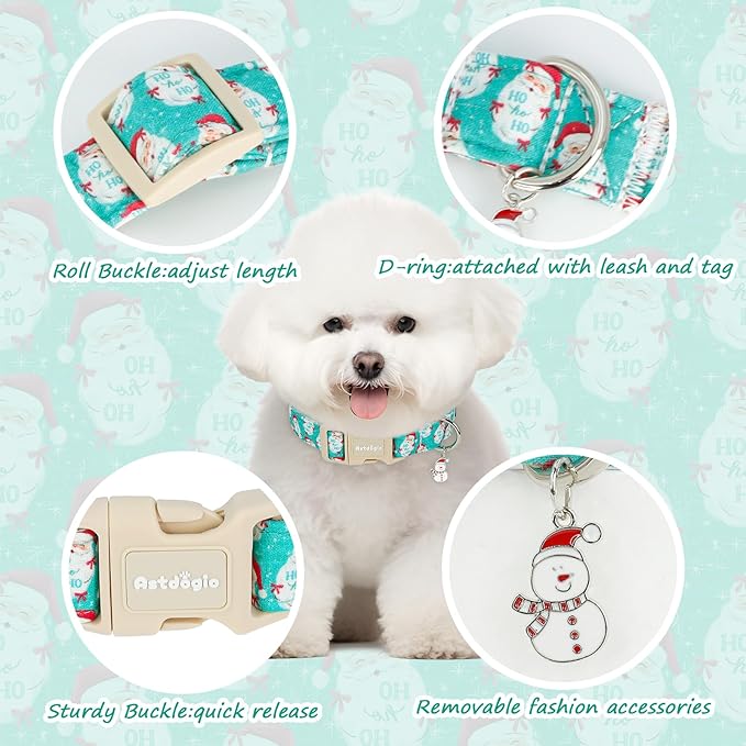 Christmas Dog Collar，Soft Cotton Dog Collars for Extra Small Dogs, Dog Christmas Collar with Santa for Small Medium Large Dogs, Adjustable Green Collars Perfect for Girl or Boy Dog Collars-XS