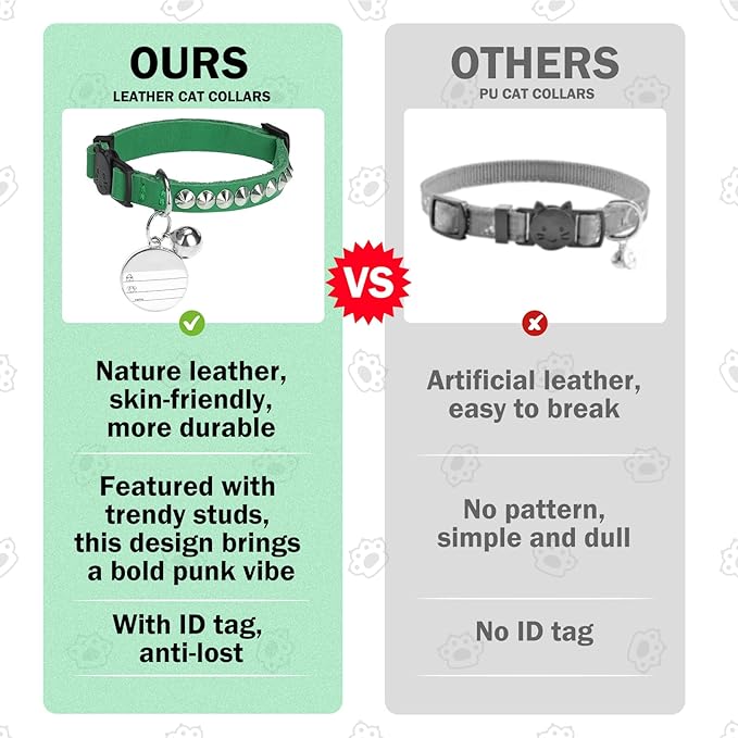 Leather Personalized Breakaway Cat Collar with Studded Bell and Safety Quick Release Buckle - Rivets Studded ID DIY Collars for Boy Girl Cats Kittens, 9" - 11.5" Green