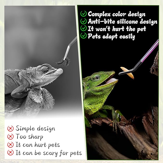OLIISS Stainless Steel Reptile Feeding Tongs with Rubber Tip - 10.6" Straight & Curved Tweezers for Aquariums & Crafts - Feeder Tools for Bearded Dragons & Lizards - Terrarium Tank Supplies - 2 Pack