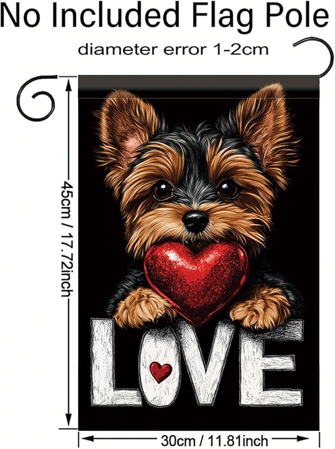 Cute Kasha Dog Garden Flag Holding Red Heart Love Sign Double Sided Yard Banner 12x18 Inch Romantic Outdoor Decoration for Lawn Patio Dog Lover Gift Valentine Anniversary Seasonal Flag