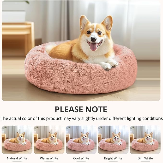 JOLLYVOGUE Calming Dog Bed Large Size Dog, Anti-Anxiety Donut Large Pet Bed, 36 inches Fluffy Faux Fur Round Cat Bed, Fits up to 75 lbs Pets (Peach Pink)