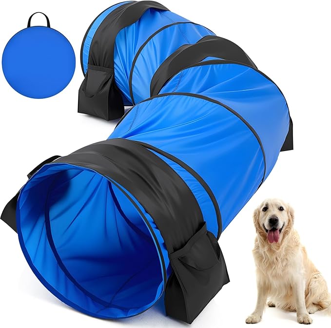 28 in 10 Foot Blue Extra Large Dog Agility Tunnel with Sandbags Dogs Agility Training Equipment Tunnel with 3 Pack Sandbags Carry Bag and 4 Ground Spikes for All Medium and Large Dogs