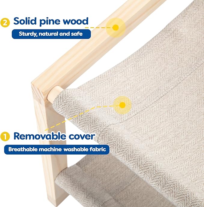 Cat Hammock, Double Layer Wooden Bed for Indoor Cats, 2 Tier Elevated Cat Bed with Breathable & Washable Covers, Sturdy Natural,20 x 16.5 x 13 Inch