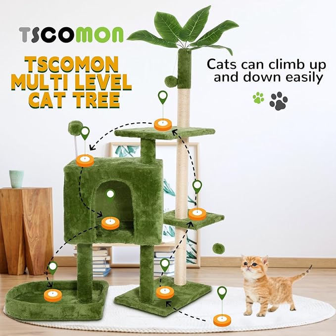 52in Multi-Level Cat Tower with Sisal Scratching Posts, Hidden Cave & Perch Platform, Large Cat Condo for 1-3 Cats, Eco-Friendly Pet Furniture with Realistic Leaves, Green
