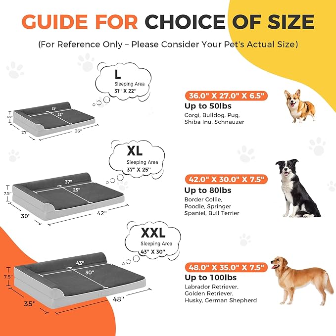 Dog Bed Large Sized Dogs, XL Orthopedic Dog Bed for Large Dogs 42"x30"x7.5", Waterproof Pet Bed with Washable Removable Cover, L-Shaped Pet Couch with Portable Handle, Grey Flannel