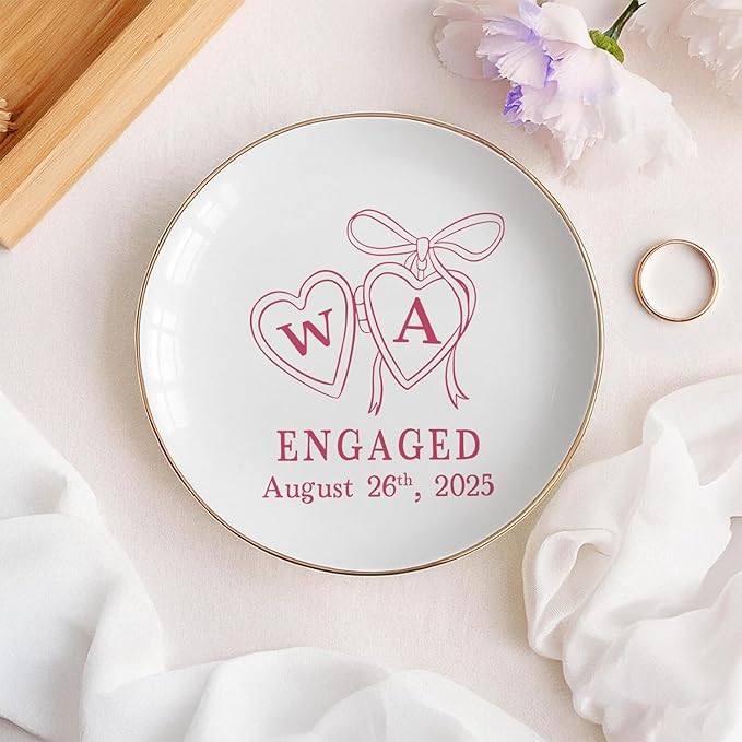 Personalized Locket Wedding Ring Dish, Custom Initial Engaged Rings Holder, Custom Wedding Jewelry Tray, Married Trinket Dishs, Engagement Party Keepsake Gifts for Newly Engaged Couple
