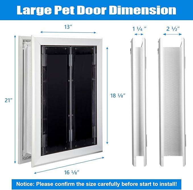 Aluminum Pet Door with Panels,Durable Dog Door with Automatic Closing Magnetic Flaps, Slide-in Panel & 4 Security Locks, Suitable for Interior and Exterior Doors, Screen and Wall, Large, Sliver