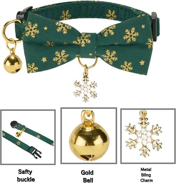 2 Pack Christmas Cat Collar with Bell and Bowtie,with Bling Snowflake Charm and Printing Pattern, Safety Breakaway Clasp, Adjustable for Kitten and Cats Green and Red.