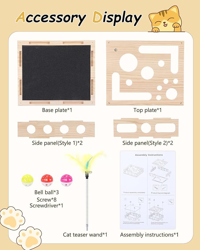Cat Interactive Box Puzzle Toy - Cats Indoor Hunting Play Toy with 3 Jingle Balls & 1 Feather Wand, Wooden Cat Puzzle Treat Toy Box Energize Cat Instincts for Bored Cats,Eco Friendly