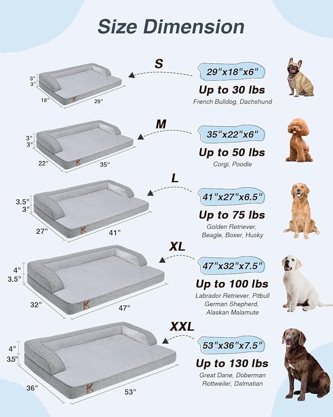 KSIIA Washable Dog Bed XL Senior Dog, Orthopedic Warm Soft Pet Sofa Waterproof Pet Couch with Sides, Non-Slip and Egg-Crate Foam Extra Large Beds with Removable Cover, 41x27Inch, Grey