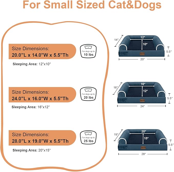 Small Dog Bed Orthopedic Washable: Beds Bolster Small Sized Dogs Bed Egg Crate Foam Couch Sofa Waterproof with Removable Cover - Navy Blue